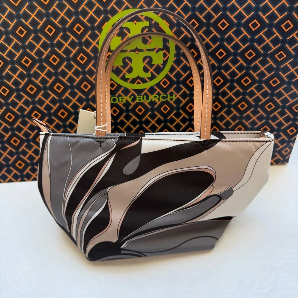 Tory Burch Nylon Printed Mini Tote Bag Crossbody Bag Black Twisty Flower Ella